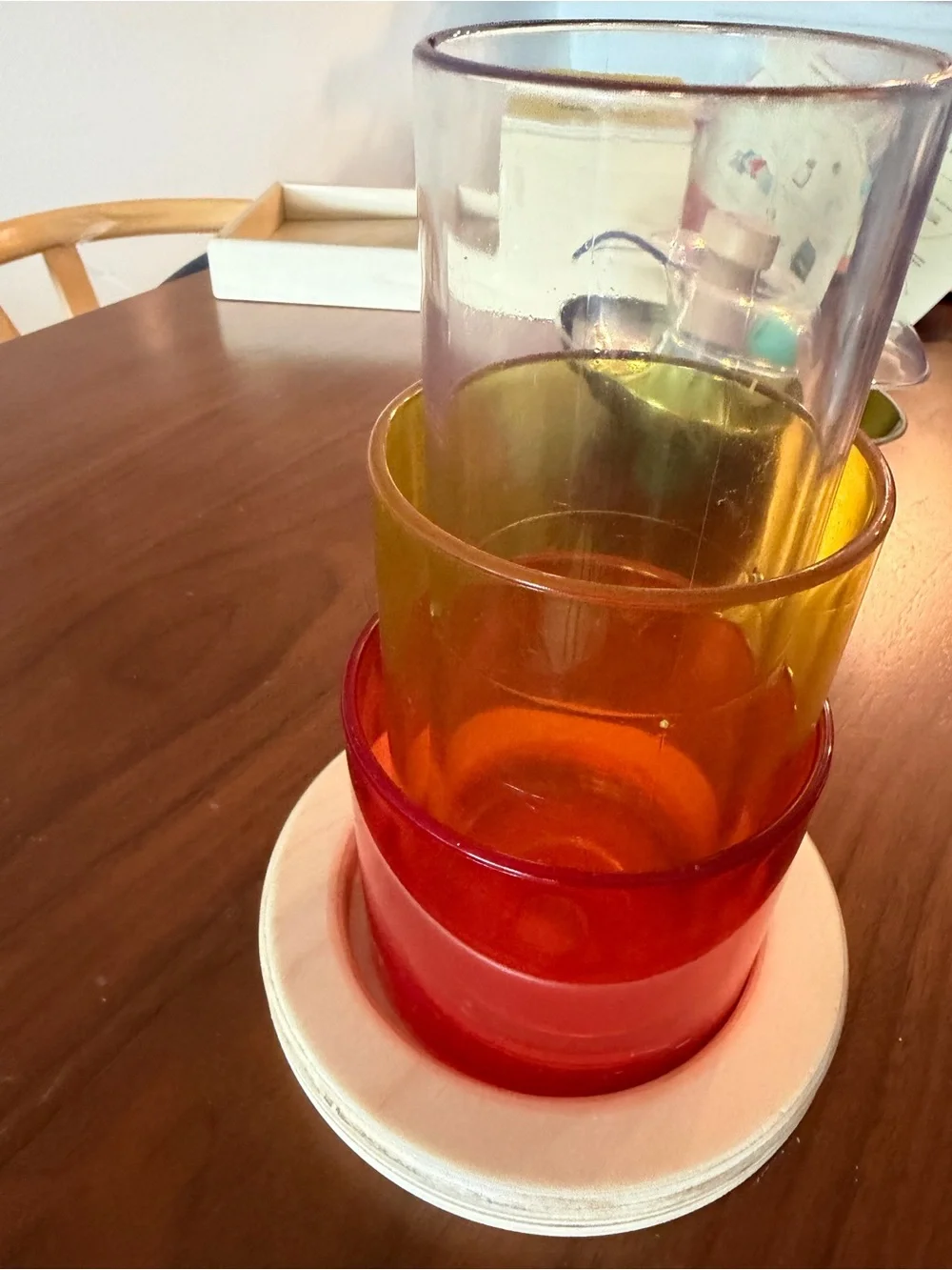 LOVEVERY Tube Tower — Stackable Kids Learning Cups — Red, Yellow, Clear Toy Set